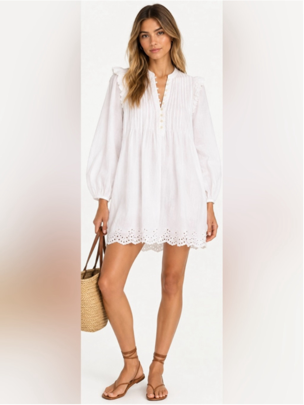 Aritzia Little Moon White Cotton Pintuck Eyelet Mini Dress Tunic Boho Romantic